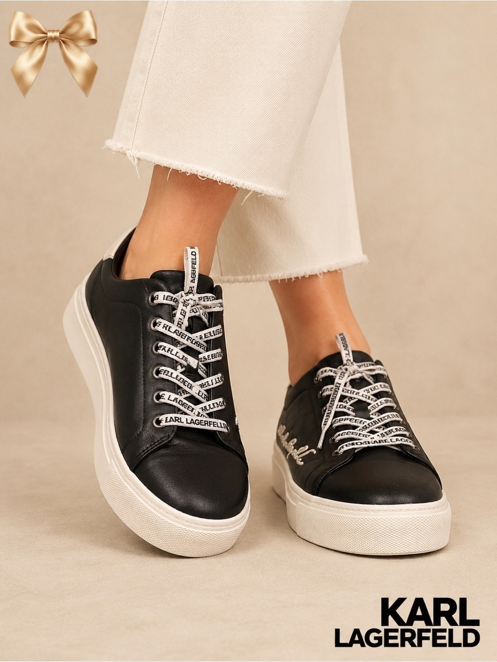 Title: Karl Lagerfeld Paris Black Leather Platform Sneakers Logo